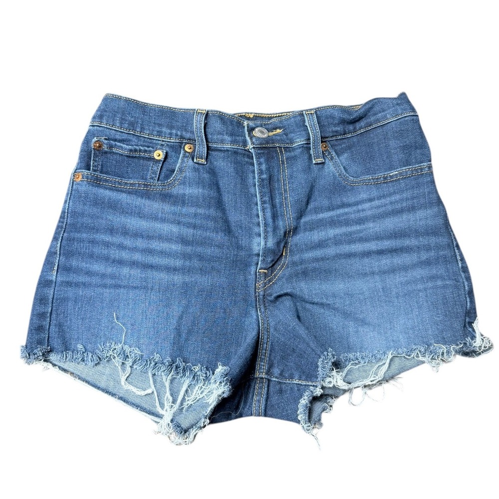 Levis High Rise Cutoff Denim Shorts Medium Wash Distressed Raw Hem Womens 29